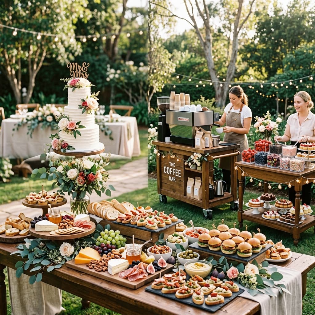 Outdoor wedding complete catering setup with dessert and coffee bar carts